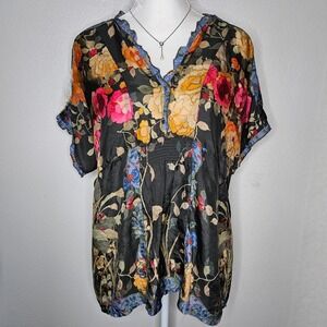 Johnny Was Floral Print Smocked  Waist V-Neck Blouse